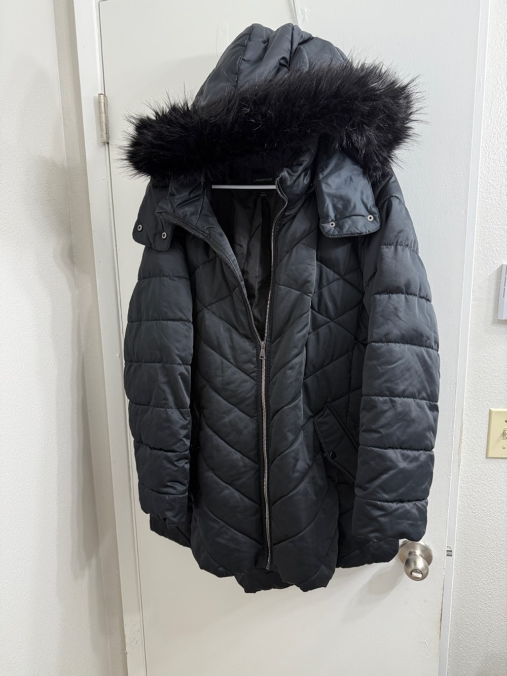 Lane Bryant Black Quilted Hooded Puffer Coat with Faux Fur Trim